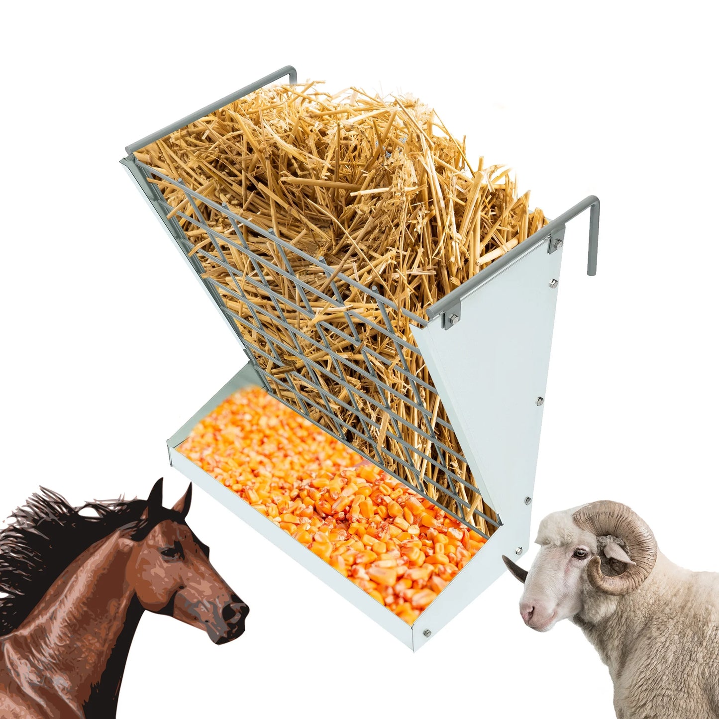 Hanging Goat Hay Feeder Large Capacity W/Adjustable Hooks Fit for Different Stall & Corral,Galvanized Steel Livestock Grain Feeder Rack for Sheep, Horse