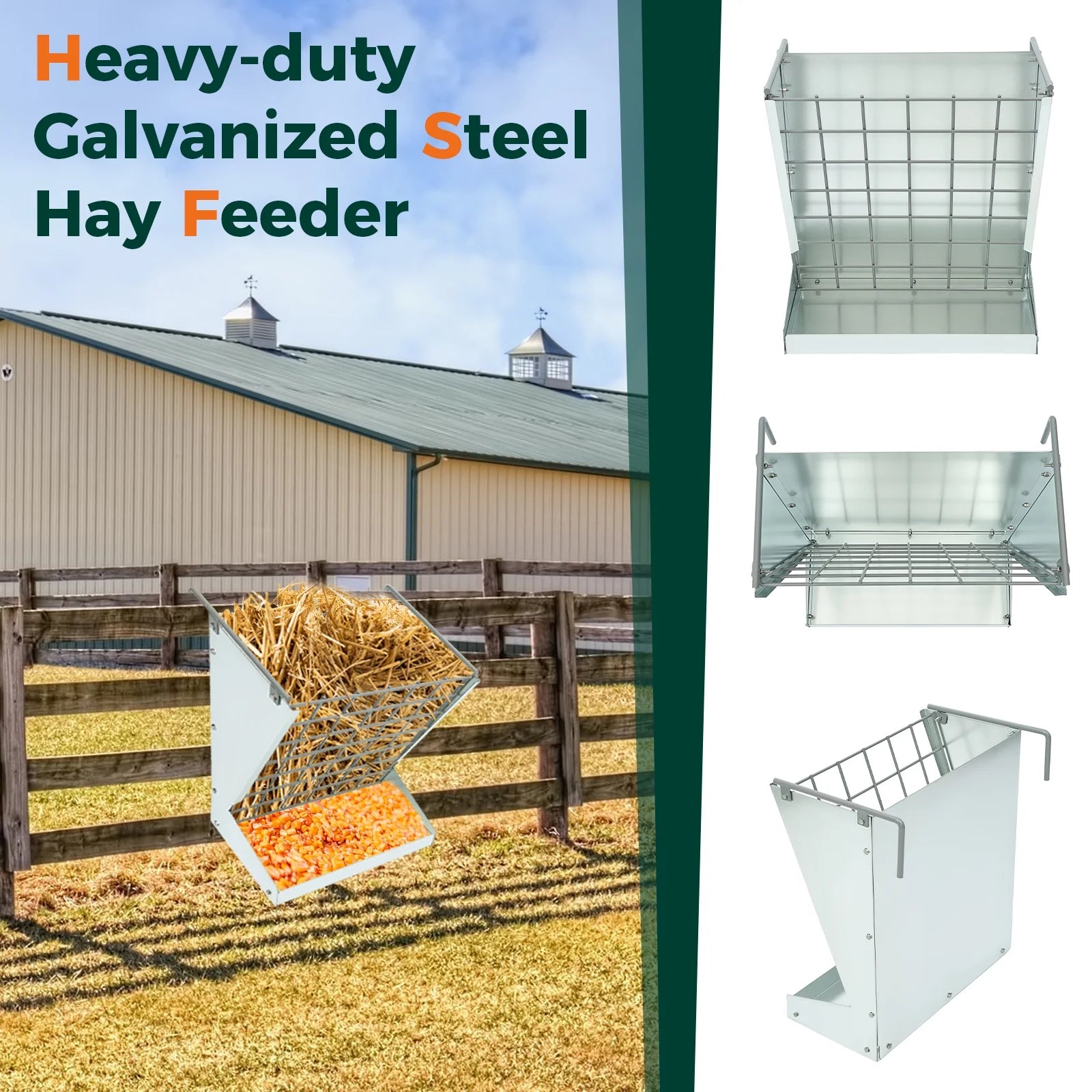 Hanging Goat Hay Feeder Large Capacity W/Adjustable Hooks Fit for Different Stall & Corral,Galvanized Steel Livestock Grain Feeder Rack for Sheep, Horse