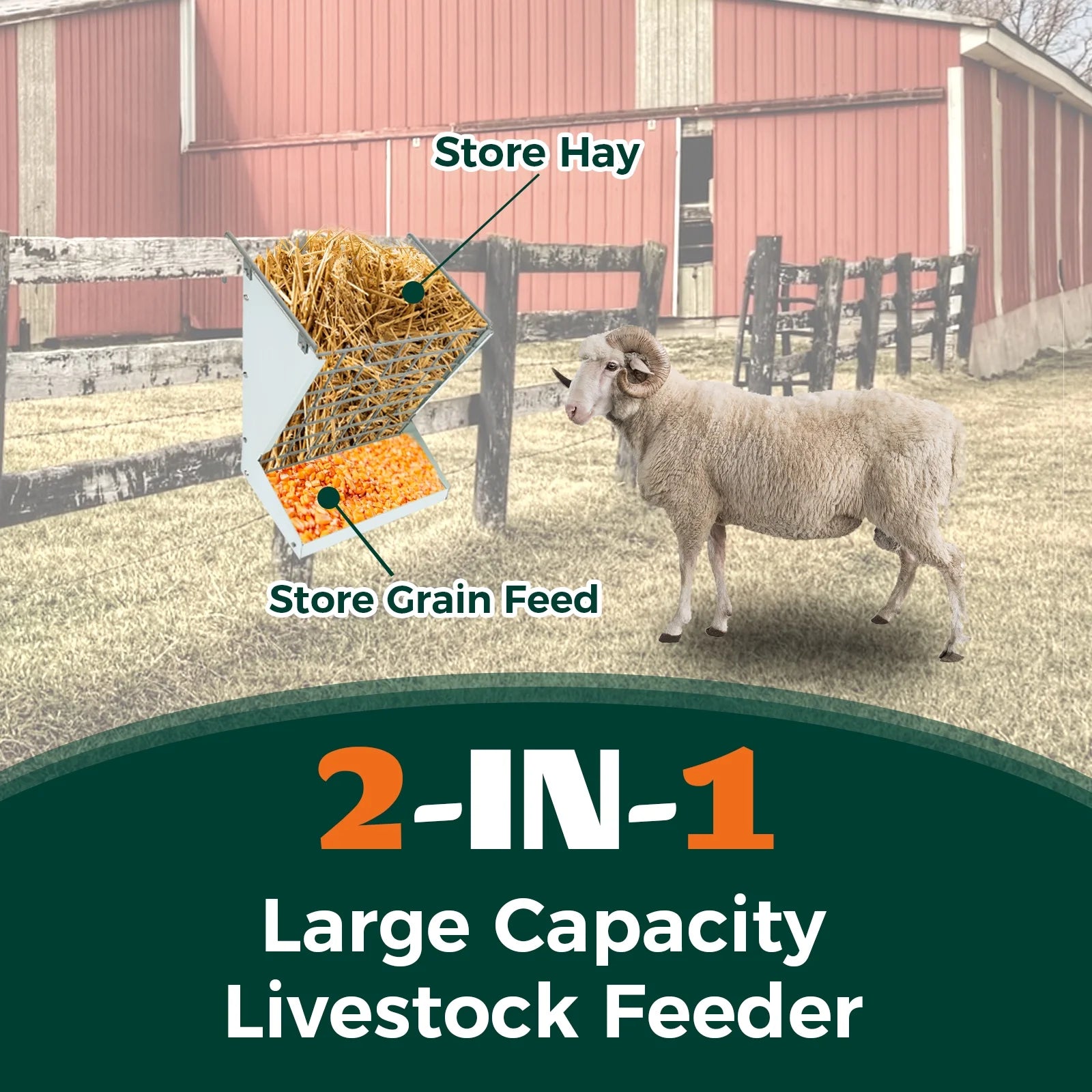 Hanging Goat Hay Feeder Large Capacity W/Adjustable Hooks Fit for Different Stall & Corral,Galvanized Steel Livestock Grain Feeder Rack for Sheep, Horse