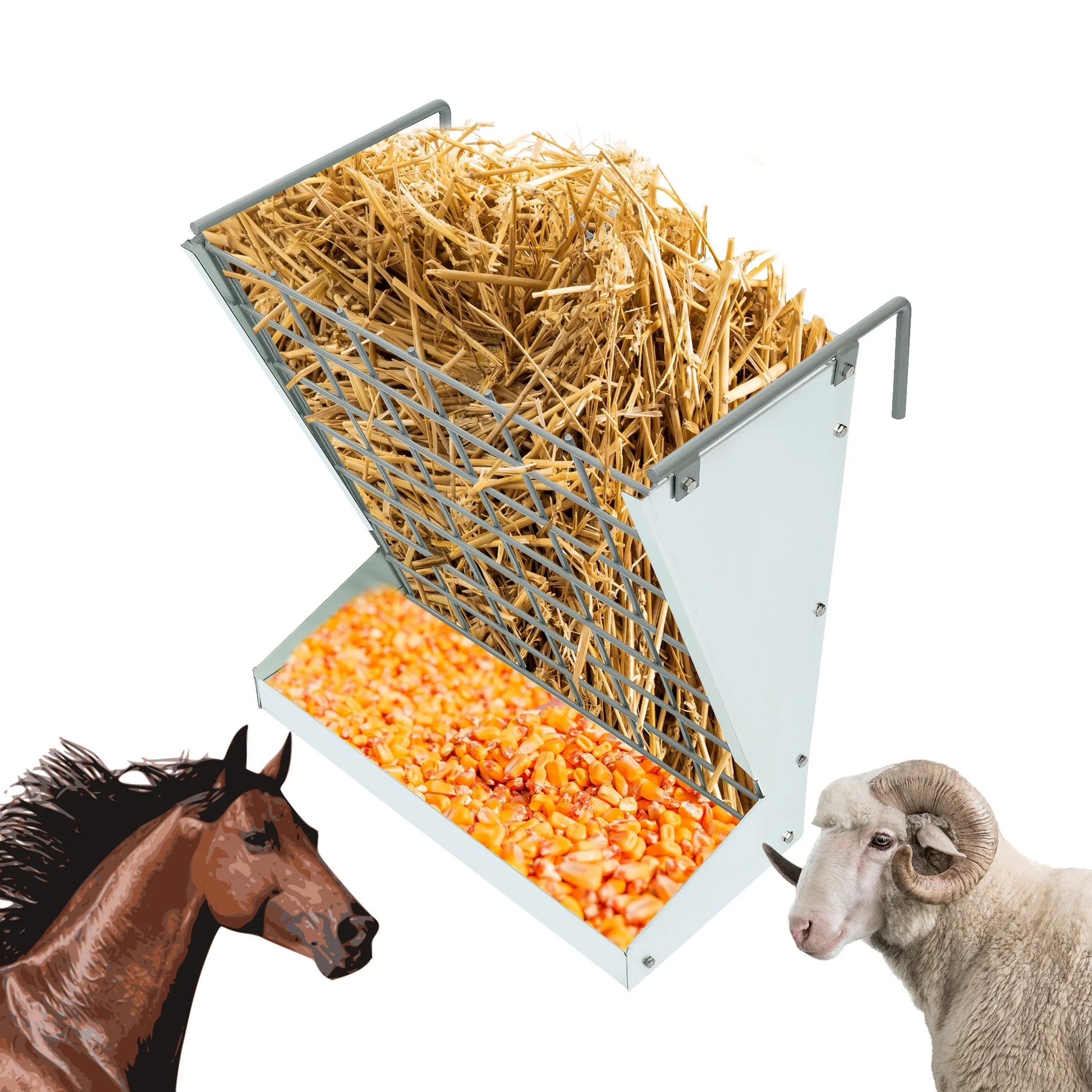 Hanging Goat Hay Feeder Large Capacity W/Adjustable Hooks Fit for Different Stall & Corral,Galvanized Steel Livestock Grain Feeder Rack for Sheep, Horse