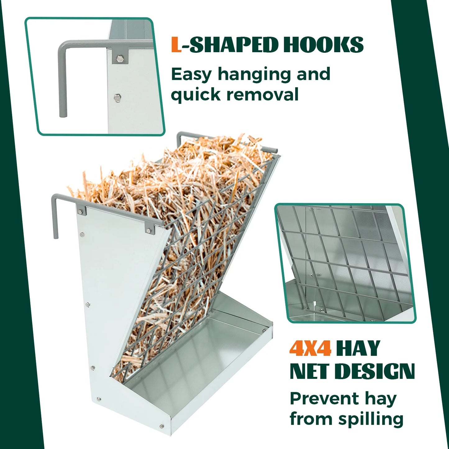 Hanging Goat Hay Feeder Large Capacity W/Adjustable Hooks Fit for Different Stall & Corral,Galvanized Steel Livestock Grain Feeder Rack for Sheep, Horse